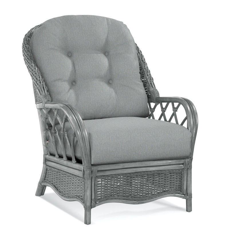 Chaise avec accoudoirs en rotin Everglade, Tissu performance bleu clair 0851-55, Tonneau vieilli