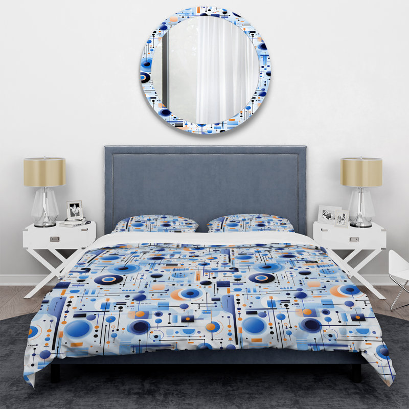 Blue And White Matrix Grid II - Ensemble de housse de couette géométrique, Housse de couette simple + 1 taie décorative stan