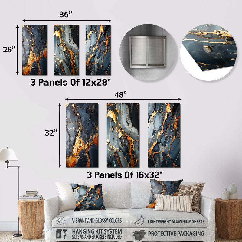 Gris et or abstrait marbre granit I - ensemble de 3 décorations murales abstraites en métal, H 32 po x l 48 po