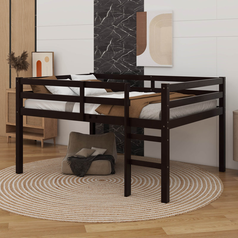 Full Size Bed Frame, Rubber Wood Loft Bed With Ladder, Low Height Design Loft Bed, Espresso