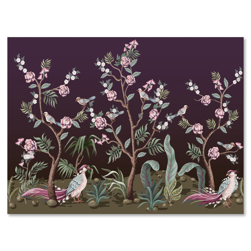 Chinoiserie avec oiseaux et pivoines I - Peinture sur toile, H 30 po x l 40 po x 1,5 po, Toile tendue