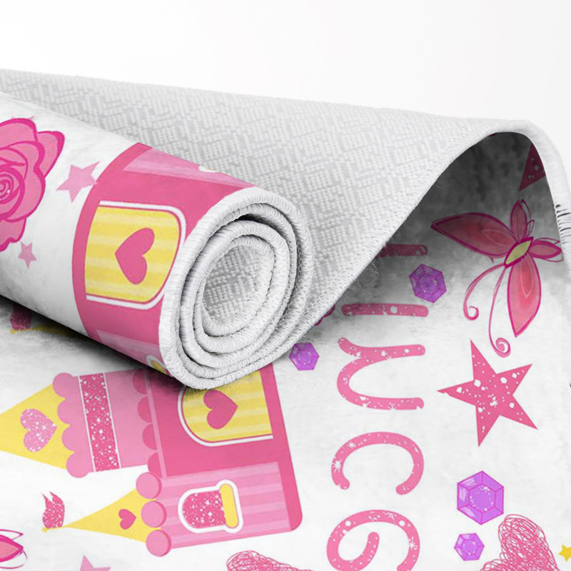 Tapis rectangulaire tissé à la machine en polyamide rose / blanc / jaune, Rectangle 3 pi 11 po x 5 pi 11 po
