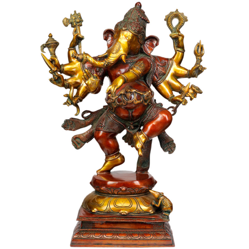 Handmade 26" Ten-Armed Dancing Ganesha Brass Statue – Hindu Ananda Tandava Deity for Home Temple, Living Room & Statement Gift Décor