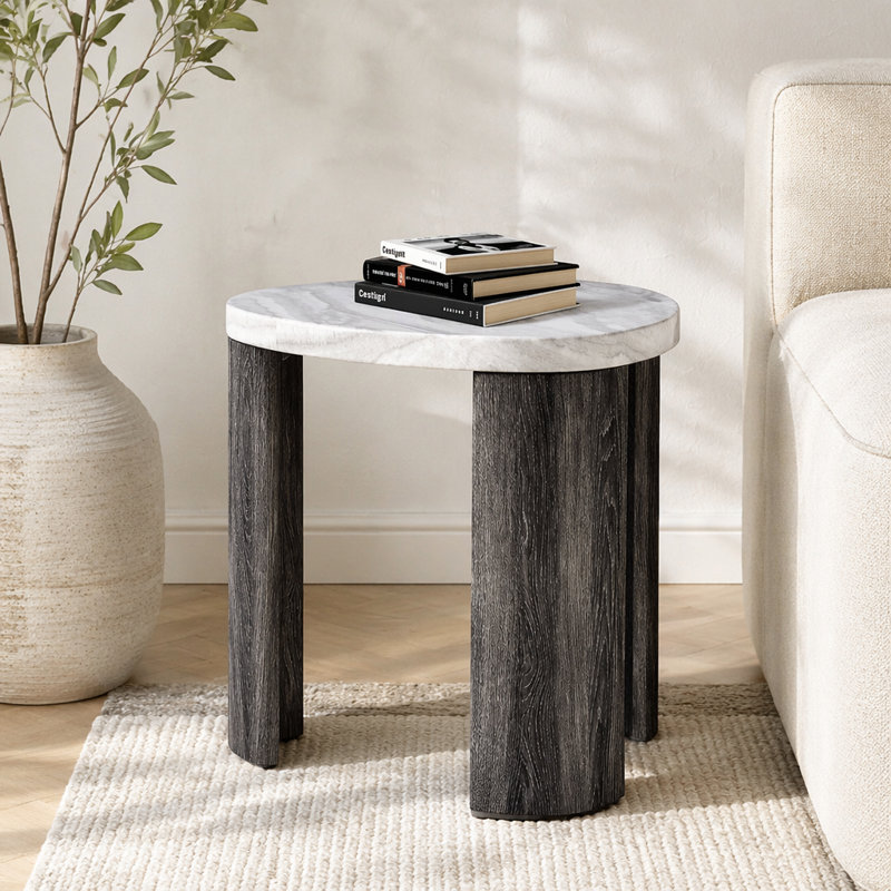 Contemporary Style Triangle End Table Marble Pattern Space Saving Design Primary Living Room