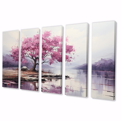 Fleur de cerisier mauve au bord du lac II - Arbre à fleurs de cerisier 5 pièces