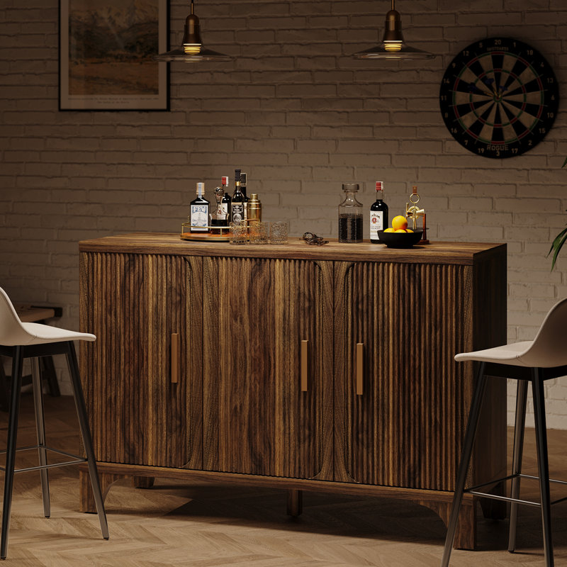 Buffet Mid-Century moderne avec rangement, buffet d'appoint et crédence avec portes cannelées, console de bar à café en bois pour la cuisine, le salon