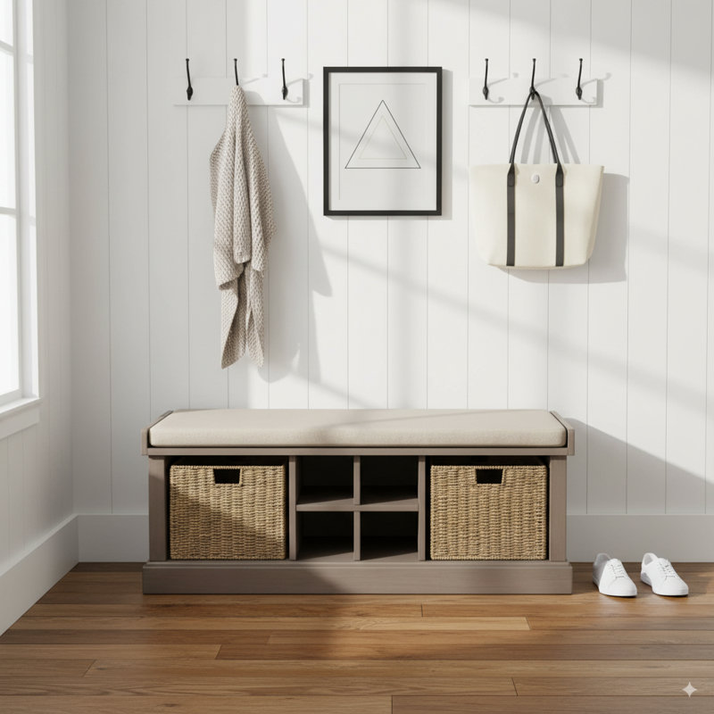 Gorge Canvas Upholstered Storage Shoe Bench with Natural Baskets