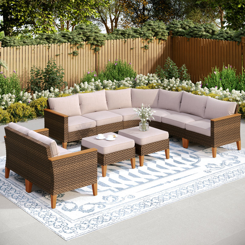All Weather Wicker/Rattan 10 - Person Seating Group with Cushions, Beige