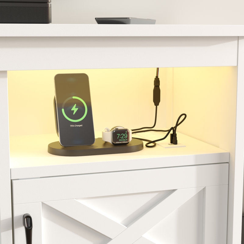Meuble télé pour téléviseur avec lumières Ushna, H 25,5 po x l 59 po x P 15,7 po, Blanc
