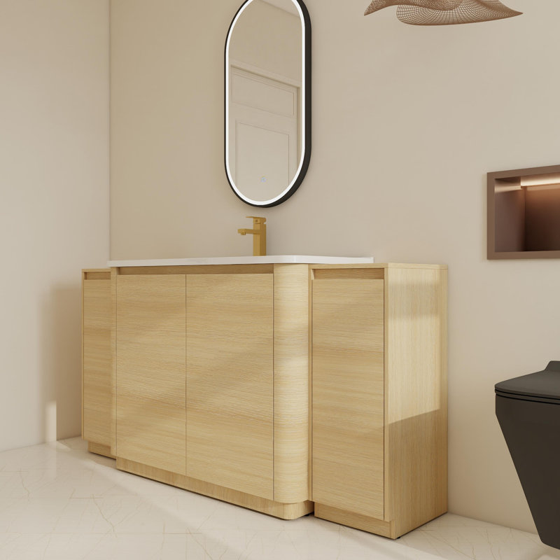 Ensemble de meuble-lavabo simple autoportant 64 "avec lavabo en céramique et tablettes réglables 64", Beige, 63"