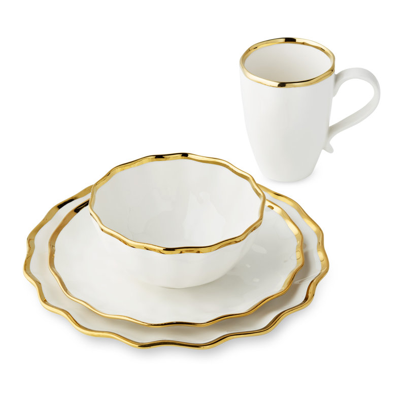 Regency Gold 16-Piece Porcelain Dinnerware Set for 4 – Luxury Gold-Rimmed Plates, Bowls & Mugs – Elegant, Dishwasher-Safe Tableware for Formal Dining, Entertaining & Special Occasions