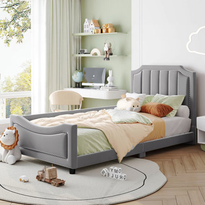 Twin Size Upholstered Daybed With Classic Stripe Shaped  Headboard