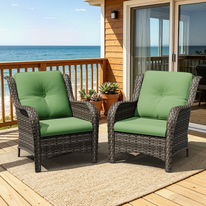 Outdoor Wicker Patio Chairs Set of 2, High-Back Deep Seating with Thickened Olefin Cushions, Wide Curved Armrests, Hand-Woven PE Rattan for Porch, Deck – Green