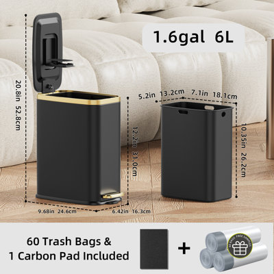 1.6 Gallon Slim Bathroom Trash Can With Slow-Closed Lid, Step Pedal, 6L Stainless Steel Garbage Can With Removable Inner Bucket, Built-In Odor Filter, Small Wastebasket For Bathroom, Toilet, Home Office, Bedroom (Black)