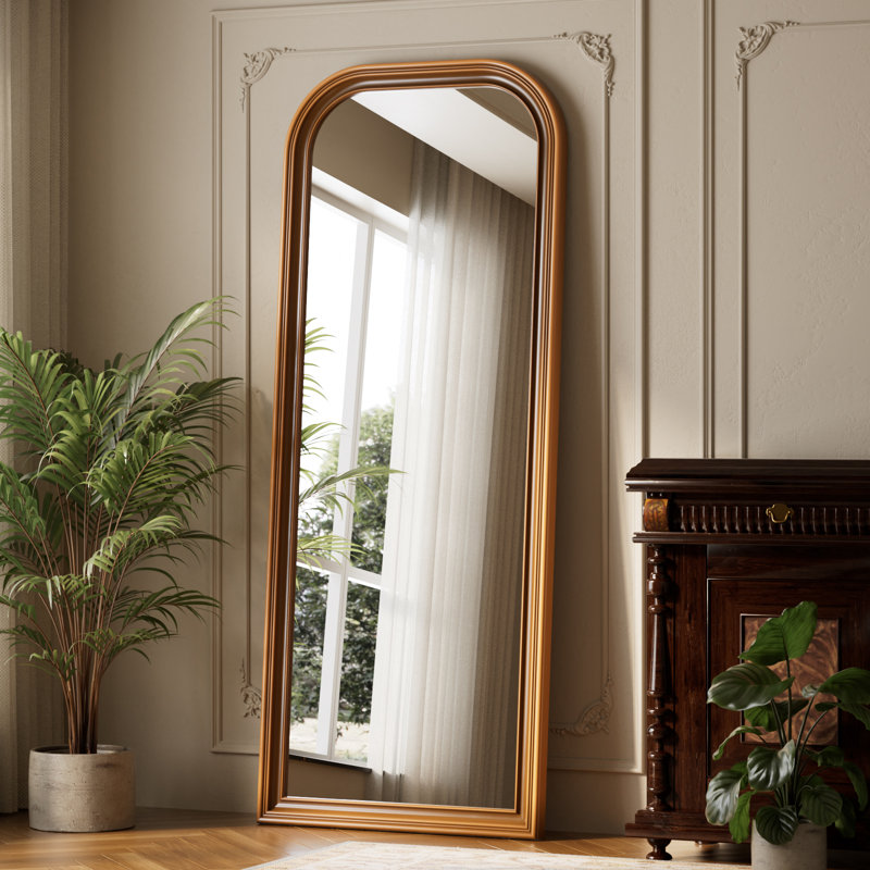 Oversized Vintage Full Length Mirror 28"X69" Arched Standing Floor Mirror Wall Mirror With PU Frame, 69" x 28", Brown