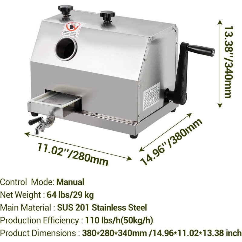 Centrifugeuse à sucre, avec 3 cylindres en acier inoxydable, 110 lb / h, sans roue