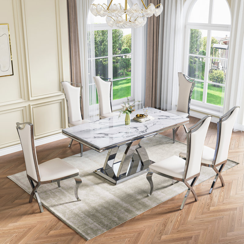 70.08" Rectangular Faux Marble Top Pedestal Dining Set, Silver, 7 Pieces: Table, 6 Chairs