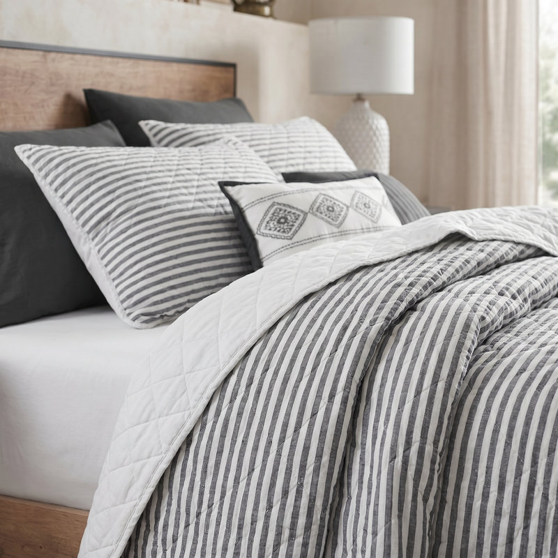 Ensemble de courtepointe rayée 100% coton Wonderful, King Quilt + 2 Shams