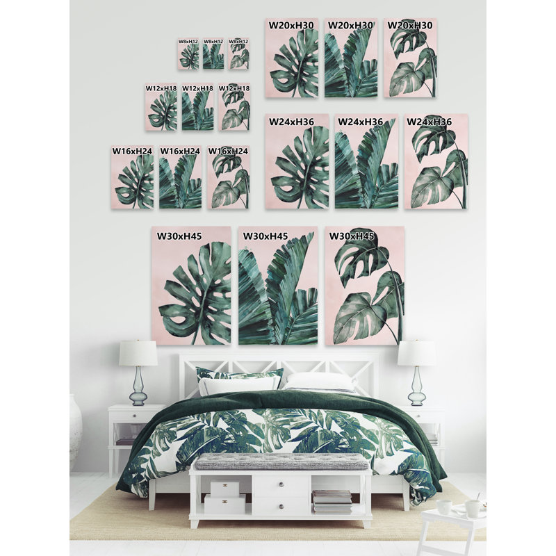 « tropical leaves triptyque », impression sur toile tendue, H 18 po x l 12 po x L 1,5 po