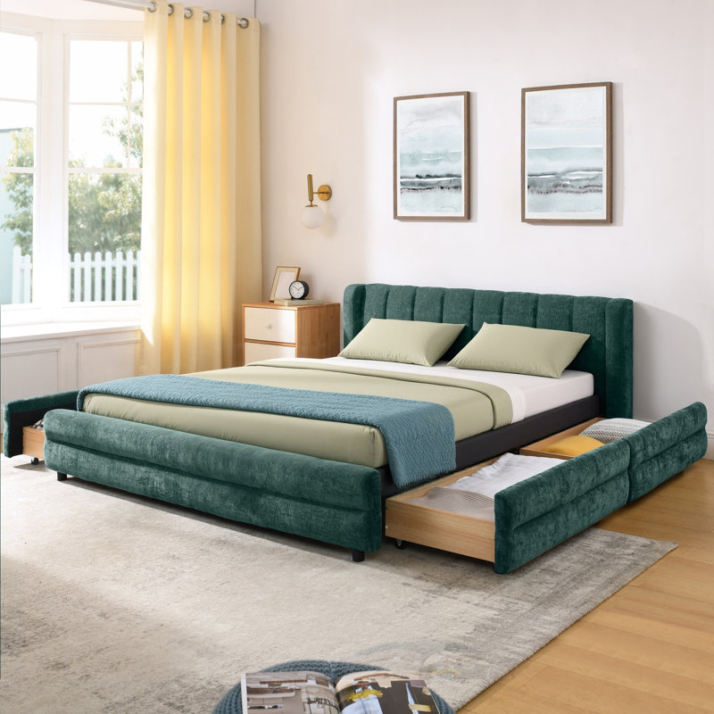 Grands lits confortables avec tissu en chenille et tiroirs de rangement