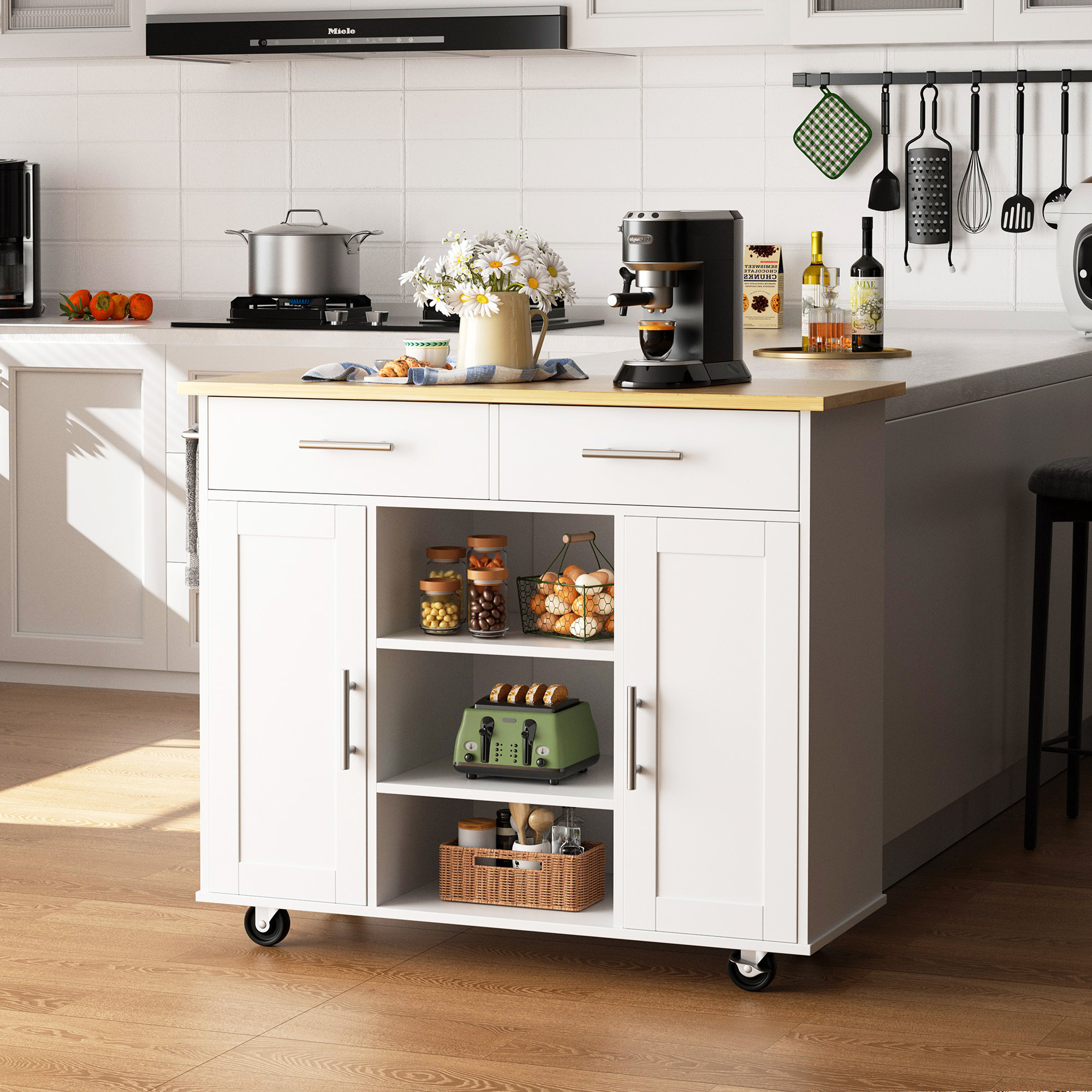 Aralynne Kitchen Storage Island Cart with 3 Open Shelves, 2 Drawers and 2 Cabinets, Kitchen Cart on Wheels with Handle/Towel Rack Lark Manor Base Fin