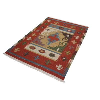 Oriental Handmade Rectangle 4' x 6' Wool/Cotton Area Rug in Orange/Black/Green