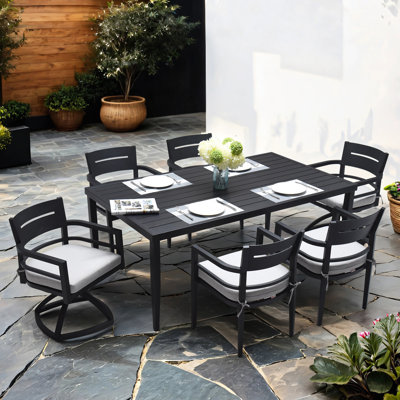 Ensemble 7 pièces de mobilier d'extérieur en aluminium pour patio, ensemble de salle à manger moderne, comprenant 4 chaises de salle à manger et 2 chaises à bascule pivotantes en tissu Sunbrella
