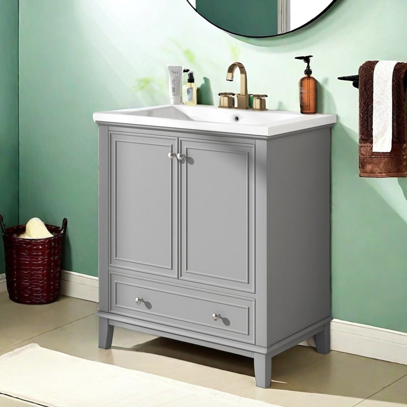Ensemble de meuble-lavabo 30 po avec lavabo, armoire de salle de bain multifonctionnelle avec portes et tiroir, structure solide et panneau de fibres à densité moyenne
