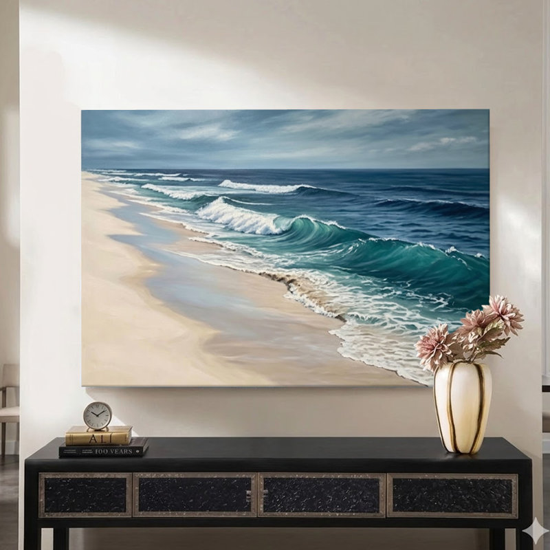 Vagues de l'océan s'écrasant sur la plage - Tableau hyperréaliste sur toile, 61 x 91 cm (24 x 36 pouces), impression sur châssis, décoration murale côtière bleue et blanche pour salle de bain, salon et chambre
