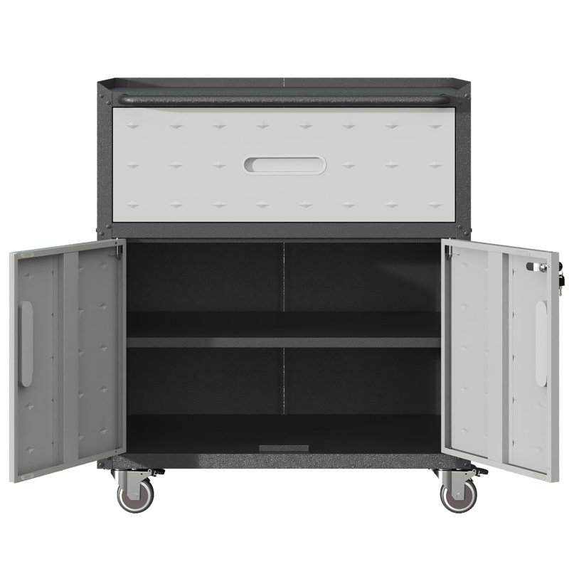 Metal Tool Cabinet For Garage With Wheels - 28.74"W X 16.69"D 34.54"H, 1 Drawer, 2 Locking Doors, Rolling Storage Cabinet, Black And Gray On Doors Safe,