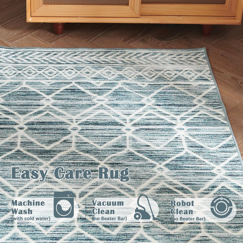 Tapis bleu marocain à motif géométrique antidérapant lavable, Rectangle 3 pi x 5 pi