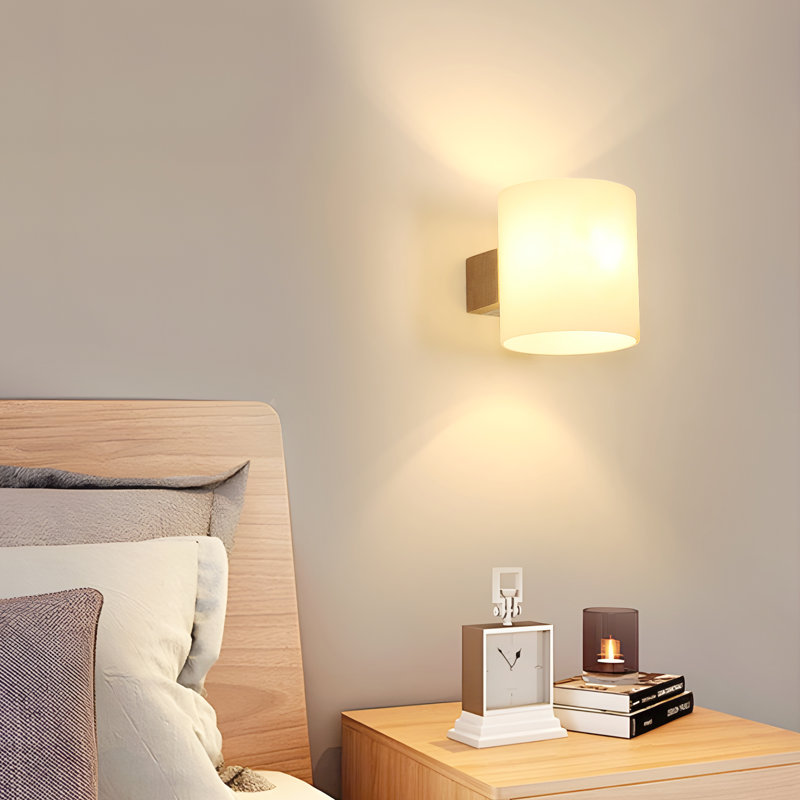 Wooden Base Glass Cylinder Flush Mounted Sconce, Light Brown