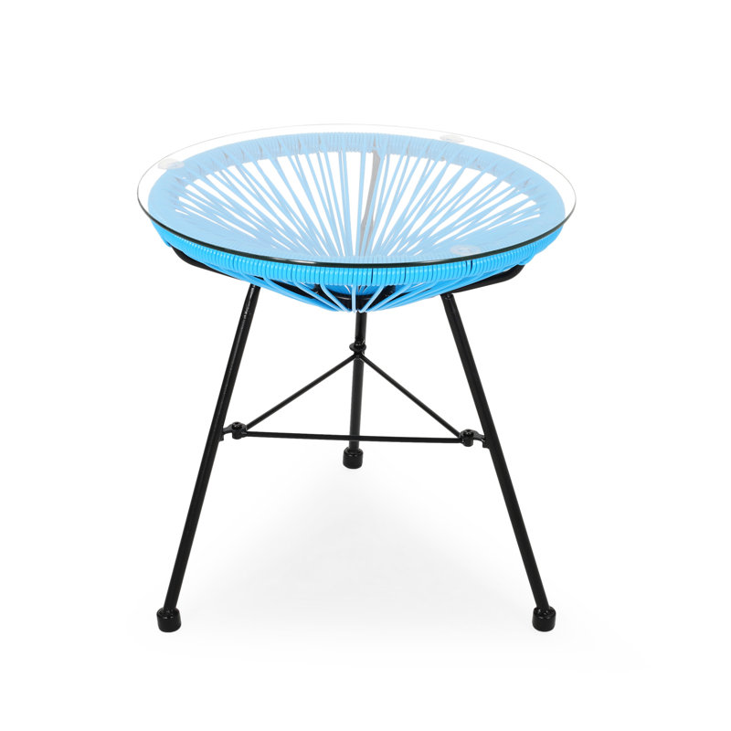 Side Table With Blue Tempered Glass Surface - Base, 17.39"X17.39"X18.03", Outdoor Living Essential On Woven Frame, 17.39In X 18.03In, Handmade Craftsmanship