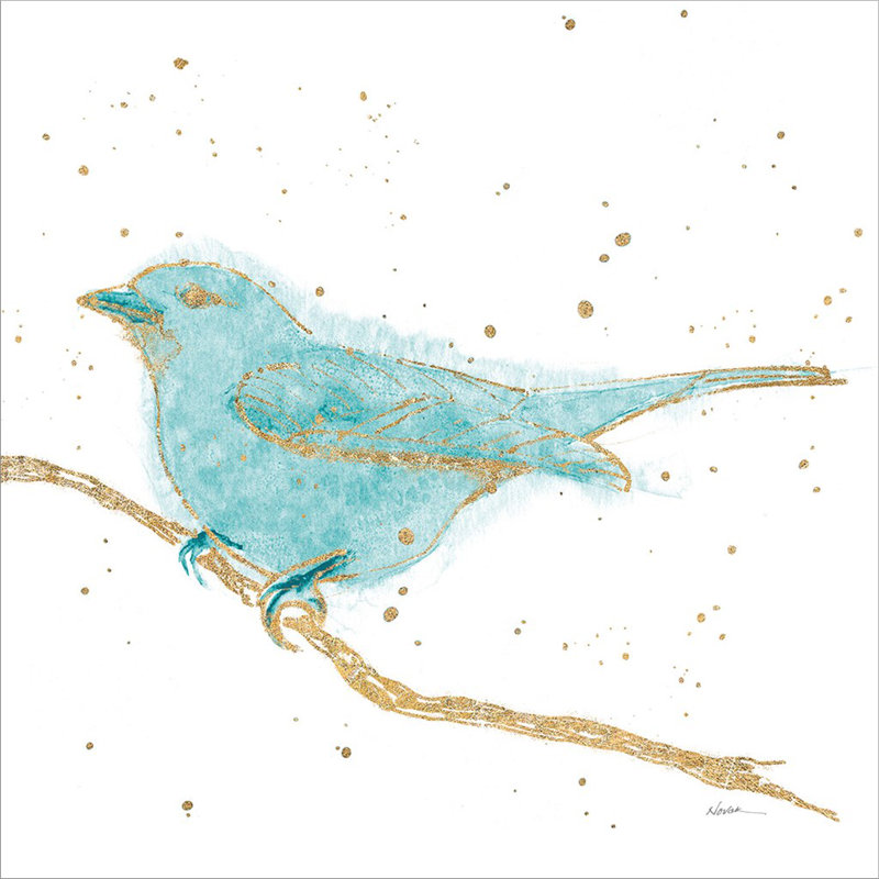 «Gilded Bird I Teal» par Shirley Novak, art mural encadré, H 13,25 po x l 13,25 po x P 1 po, Papier brun