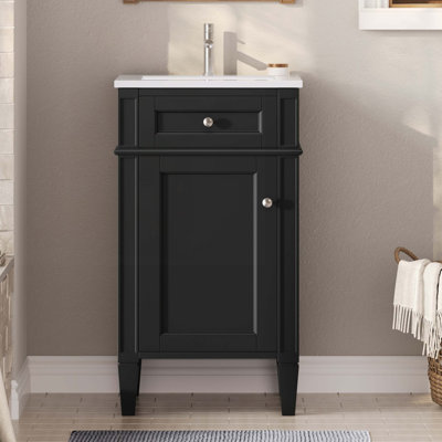 Meuble-lavabo autoportant de 18 pouces avec lavabo en céramique, porte à fermeture douce, tablette réglable et design de style français en noir