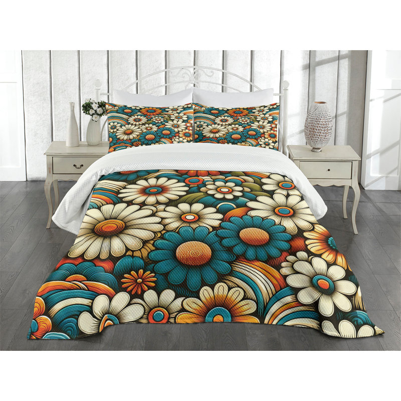 Hippie Floral Queen Bedspread Set in Orange Teal Ivory