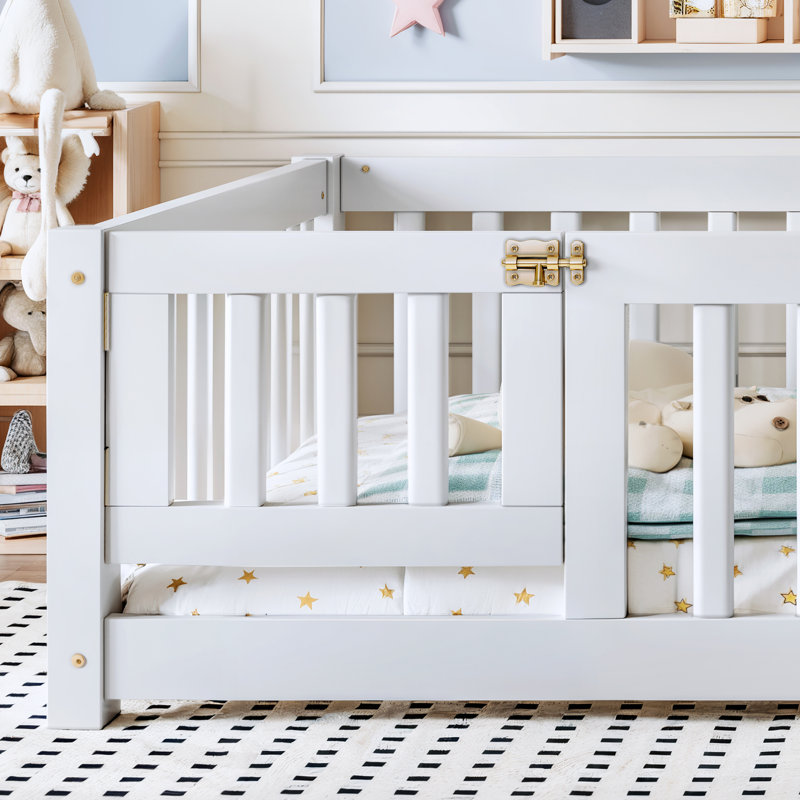 Lit double en bois massif blanc avec garde-corps, 1 pièce, White, Full