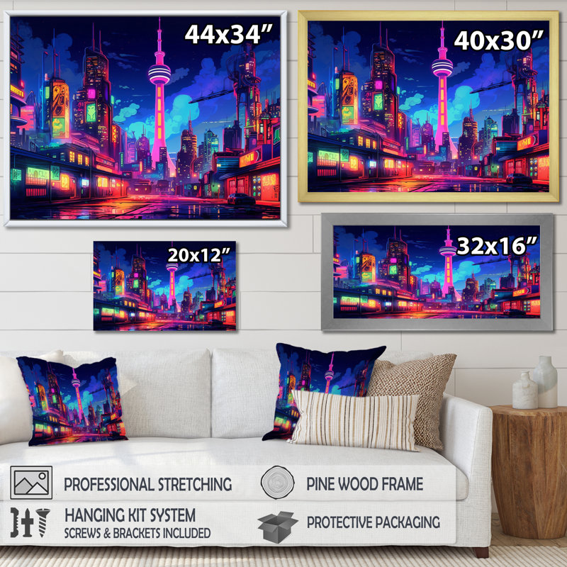 Berlin Neon Cityscape II - art mural de Berlin pour le salon, H 24 po x l 32 po x P 1 po, Toile tendue