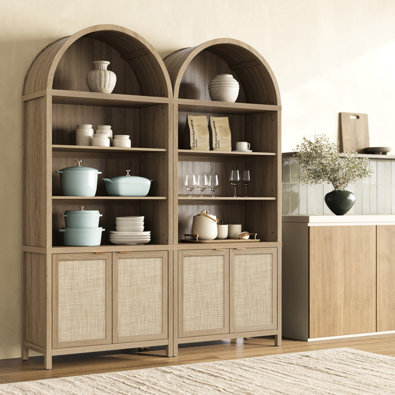 84.25''H Rattan Arched Bookcase With Adjustable Shelf, Light Oak