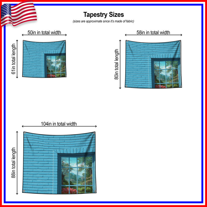 Tapisserie murale brique bleue - Décoration murale fenêtre, H 50 po x l 60 po avec 4 œillets
