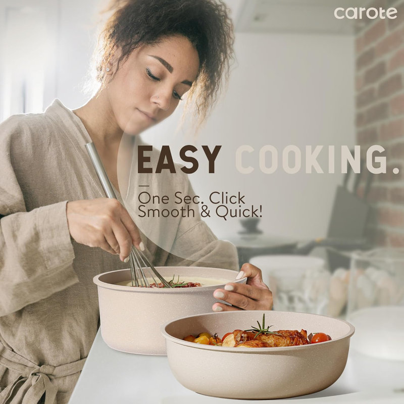 CAROTE 18-Piece Nonstick Cookware Set with Detachable Handle, Taupe