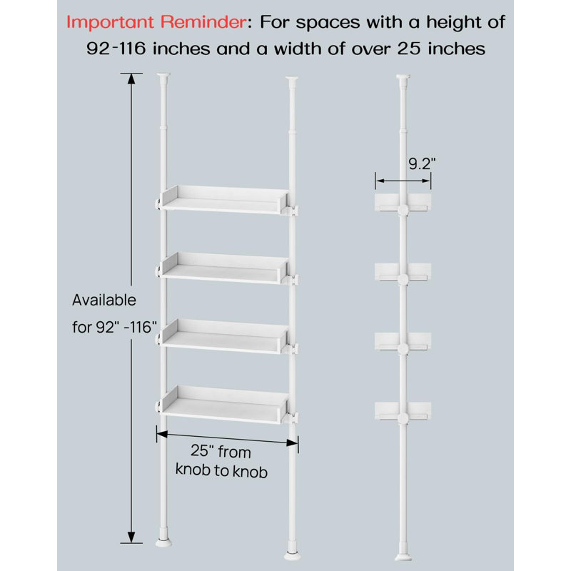 4 Tier Over The Toilet Storage, Adjustable Wood Over Toilet Bathroom Organizer, Freestanding Shelves, Fit Most Showers Over The Toilet Shelf, 92 To 116 Inch Tall
