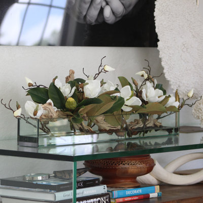 Glass Plate Magnolia Floral Arrangement And Centerpiece In Planter
