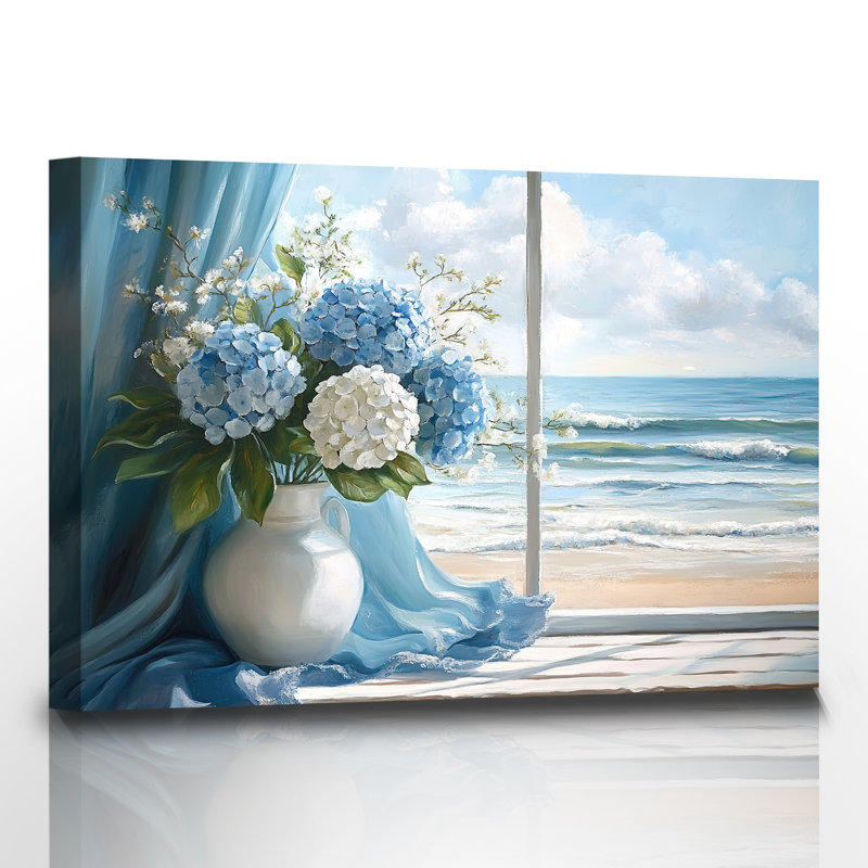 Océan, art mural fenêtre, plage, paysage, photos, hortensia blanc, impressions sur toile, H 28 po x l 40 po