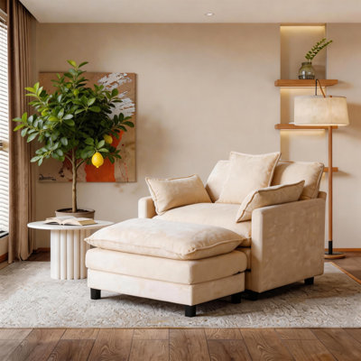 39.4" Modern Oversized Accent Chair with Ottoman, Beige Chenille Upholstered Armchair with Removable Pillows