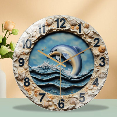 Horloge murale dauphin avec coquillages et vagues - horloge murale moderne en verre 12 po