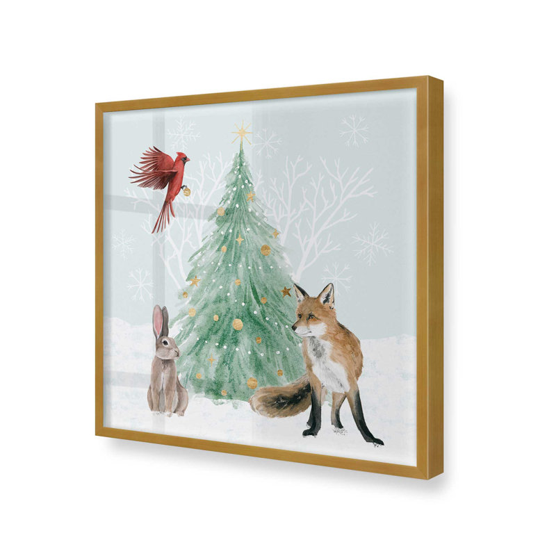 Faune hivernale avec arbre de Noël I, H 13,75 po x l 13,75 po x P 1,25 po, Cadre simple en or poli