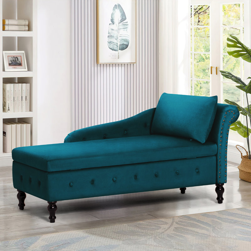 Chaise longue en velours avec accoudoir droit et espace de rangement, Sarcelle
