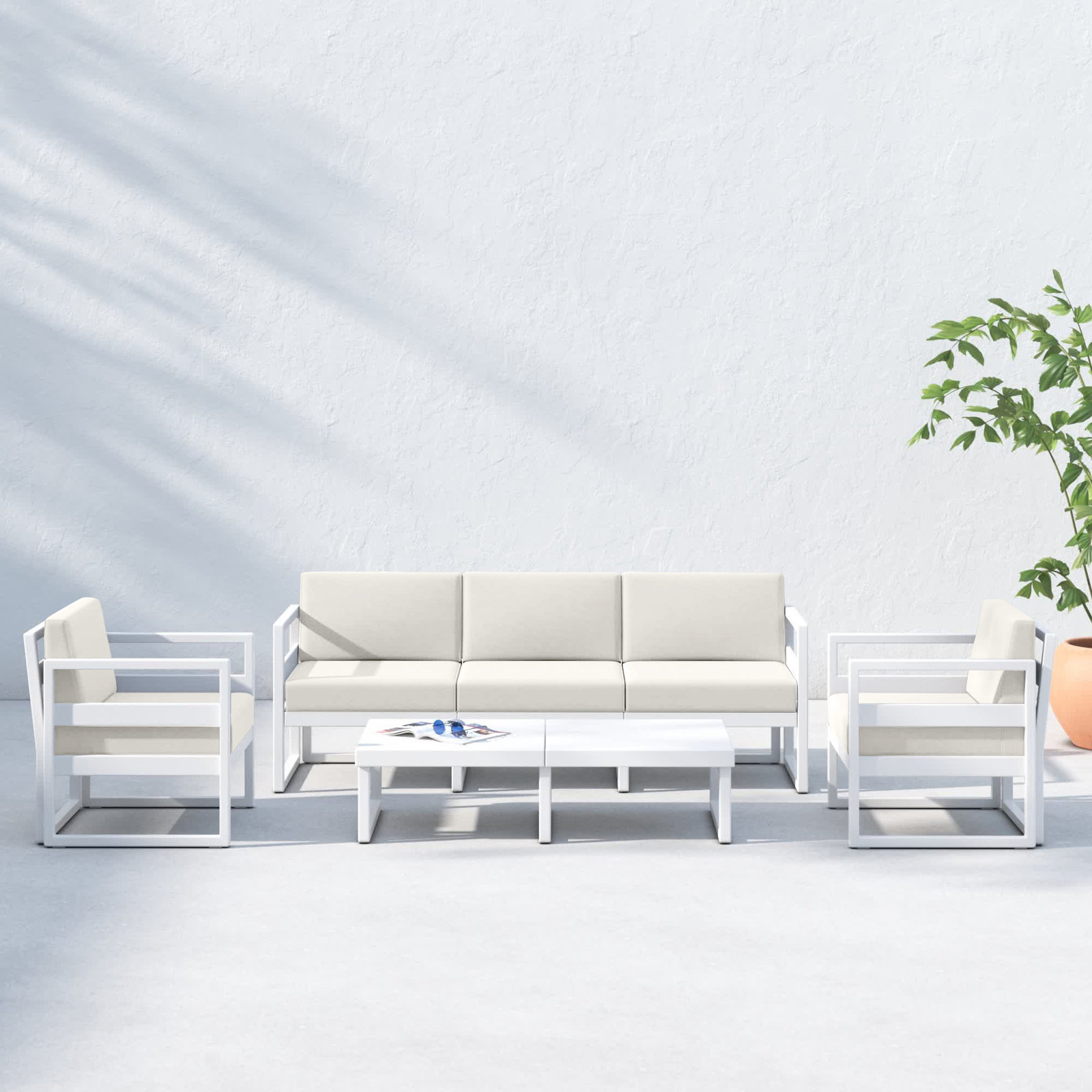 Lane 5 - Person Patio Conversation Set with Cushions, Natural, White