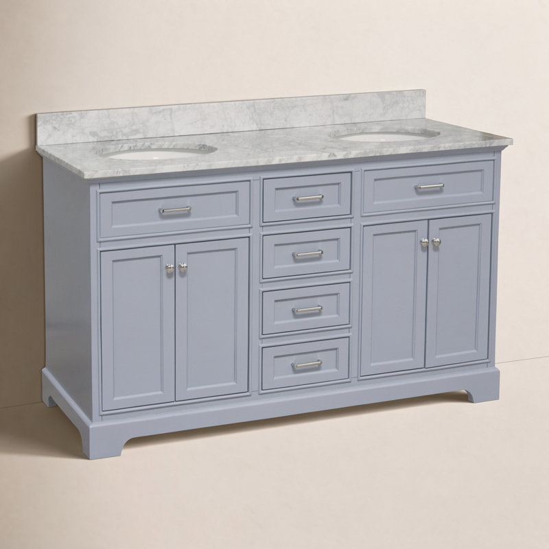Ensemble de meuble-lavabo double 60 po Ronnie, Marbre de Carrare, Bleu poudre